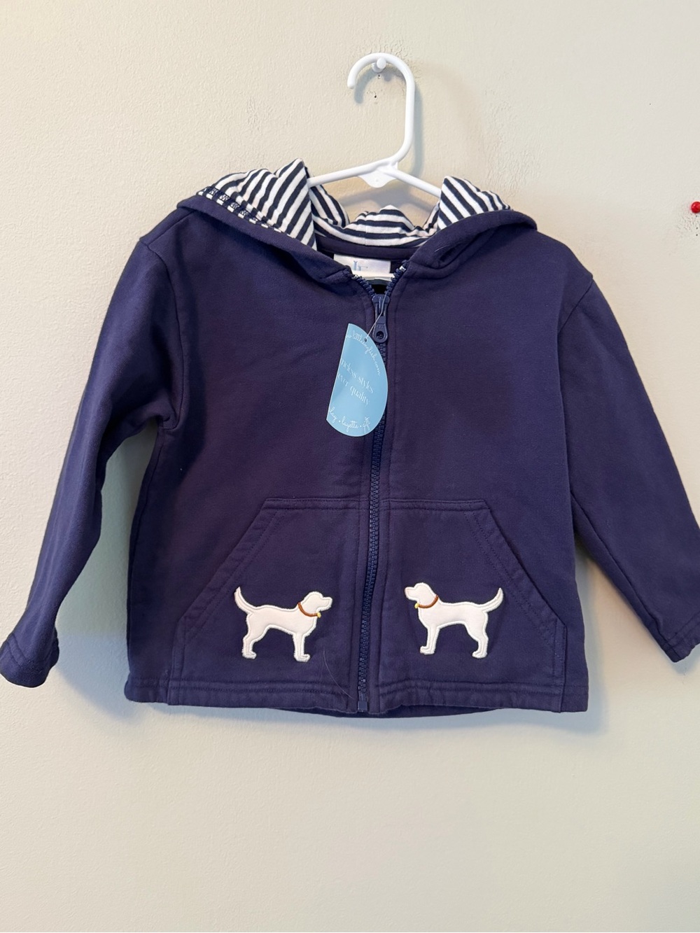 Little English Navy Hooded Zip-Up Sweatshirt with Dog Appliqué
